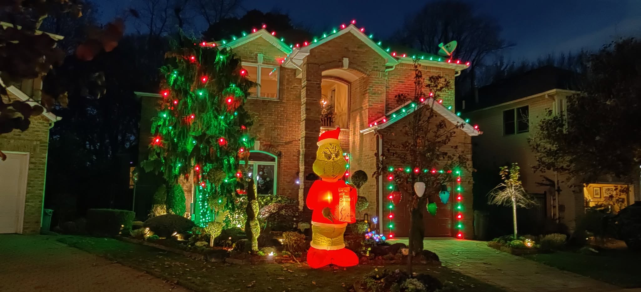 Home with red and green tree lights and roofline