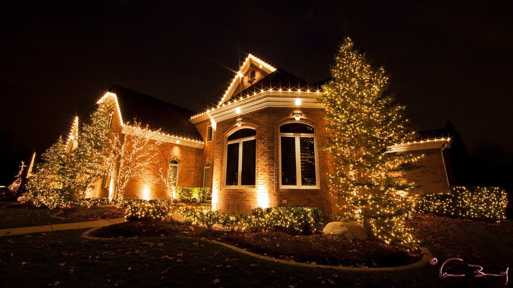 Warm white roofline and garden Christmas lights installed by Midas