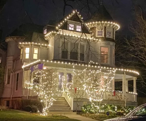 Holiday lighting Somerset County NJ — roofline and tree display